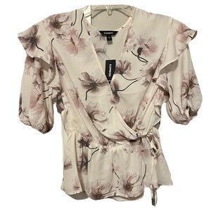 NWT White and Pink Floral Express Semi-Sheer Tie Blouse Women's XS